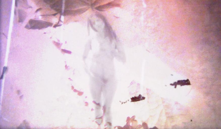 a nude figure on a hazy pick background