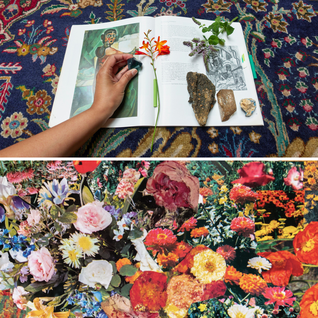 A split screen image showing an open book on a rug on the top with a freesia book, some stone, and a hand resting on top of it. The bottom image is a collage of different coloured blooms, orange, yellow, pink and white